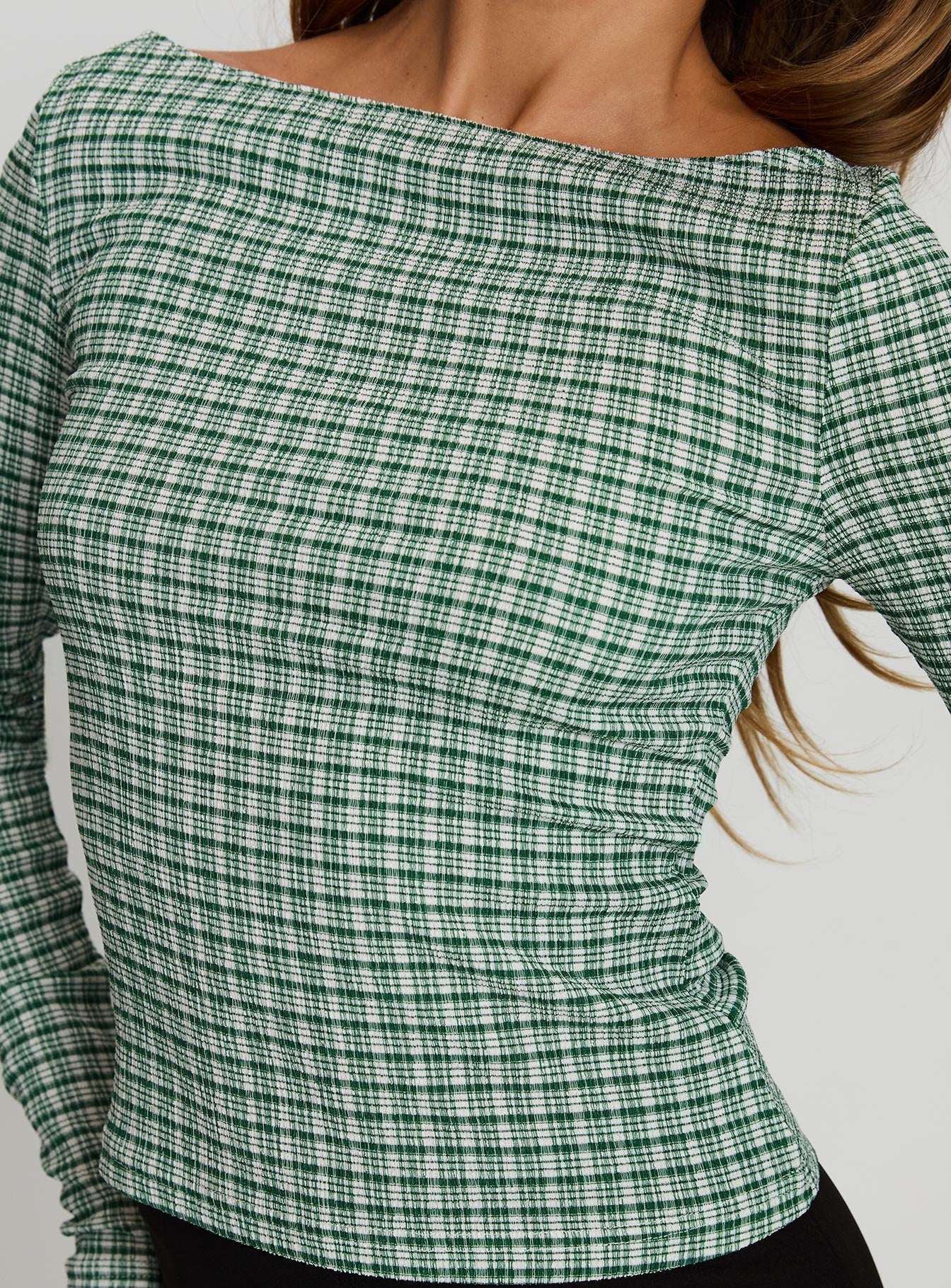 Every Second Boat Neck Long Sleeve Top Green Check